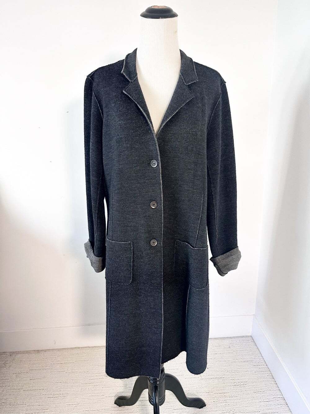 EILEEN FISHER 100% Merino Wool Size M Gray Unstructured Coat Longline Coatigan